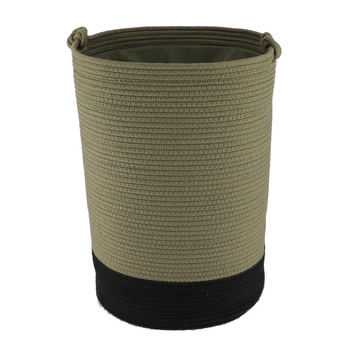 PANIERE LINGE RONDE GRAND MODELE COTON 50X37CM KAKI NOIR