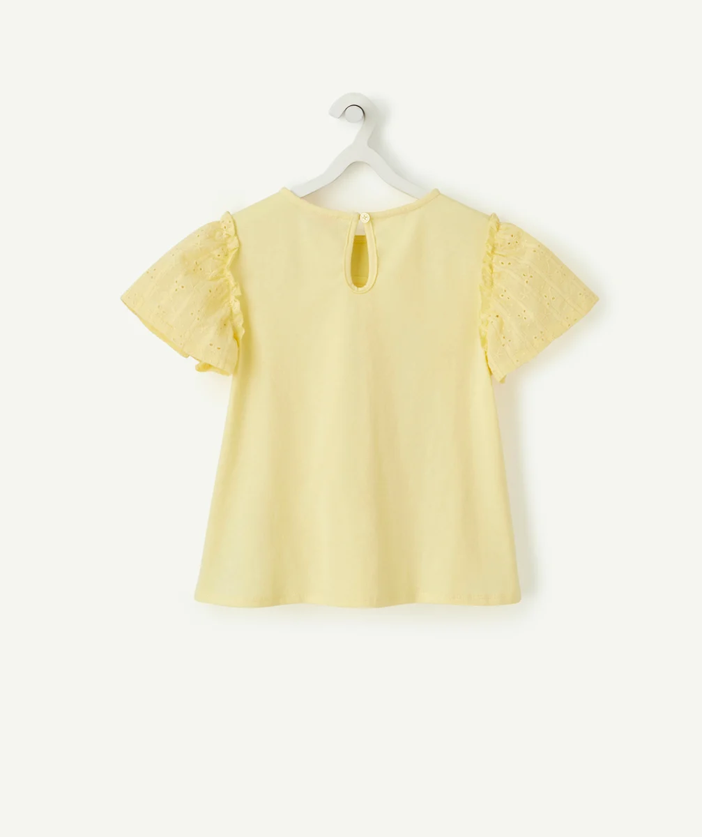 T-SHIRT FILLE EN COTON JAUNE AVEC BRODERIE ANGLAISE