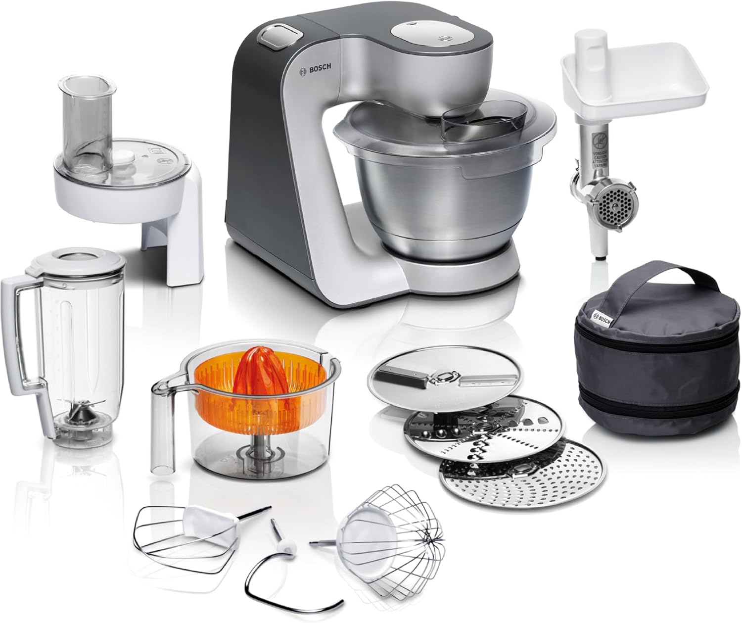 Bosch Küchenmaschine Serie 4, Schüssel 3,9 L spülmaschinenfest, Mixer 1,25 L, Fleischwolf, Zitruspresse, Knethaken, Rührbesen, Durchlaufschnitzler, 3 Scheiben, 900 W, Anthrazit/Silber, MUM56340