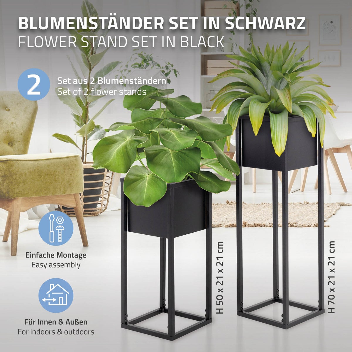 ML-Design Bloemenstandaards, Set van 2, Zwart, 21 x 50/70 x 21 cm, Moderne Bloempotstandaards met Plantenbak, Weerbestendige en Robuuste Metalen Plantenstandaards, 2-delige Bloempothouder, Decoratieve Plantenbak