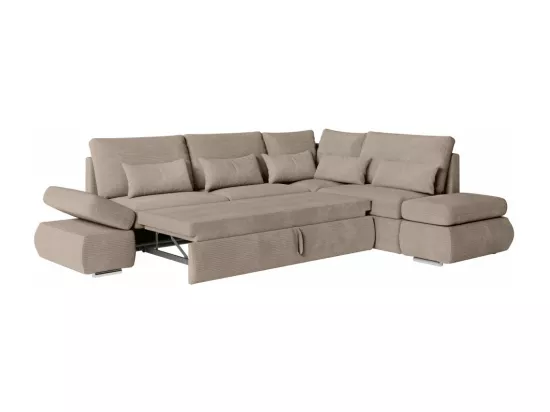 Canapé d'angle 4 places réversible Sebastian convertible avec coffre en velours côtelé - Taupe - L267 x P200 x H90cm - Loungitude