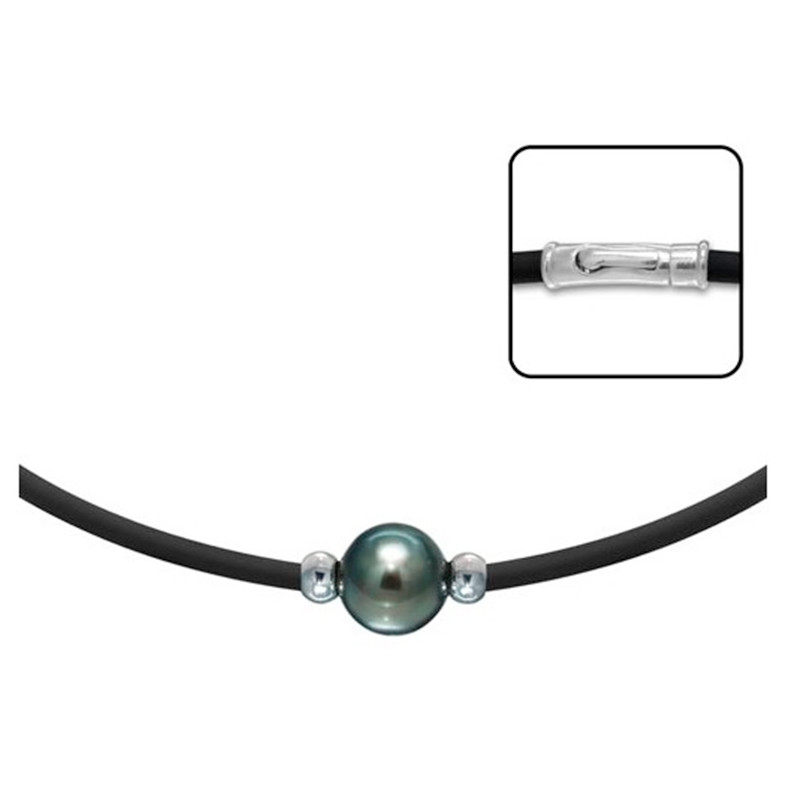Collier Homme Femme Perle de Tahiti 10 mm, Néoprène et Argent Massif 925