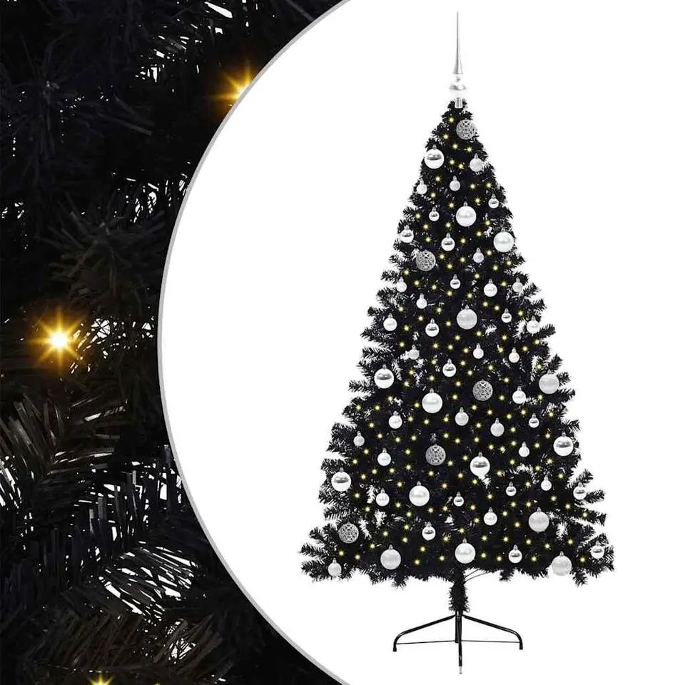 vidaXL - Kunstkerstboom met LED's en zilveren ballen 180 cm - Zwart - PVC