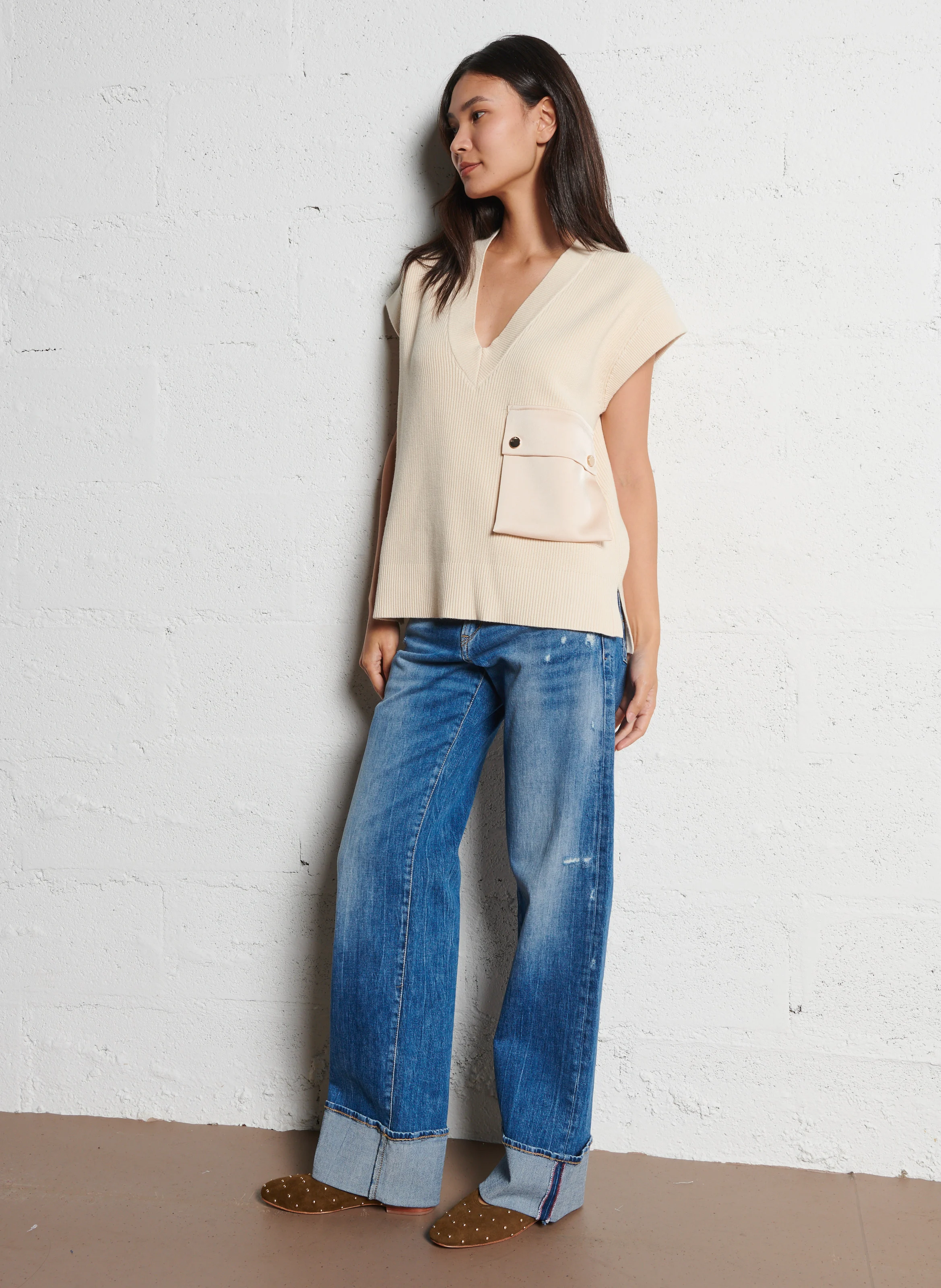 Pull col V en maille | Beige