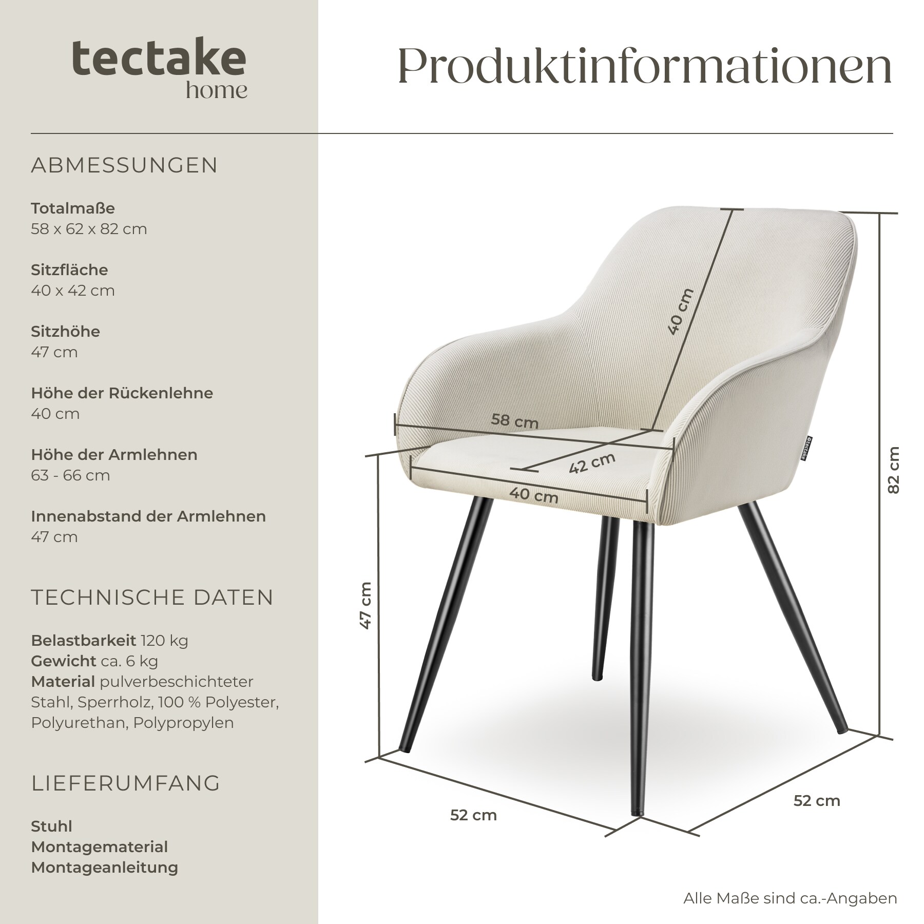 tectake® Esszimmerstuhl, gepolstert, in Cordoptik, robuste Stahlbeine, 58 x 62 x 82 cm