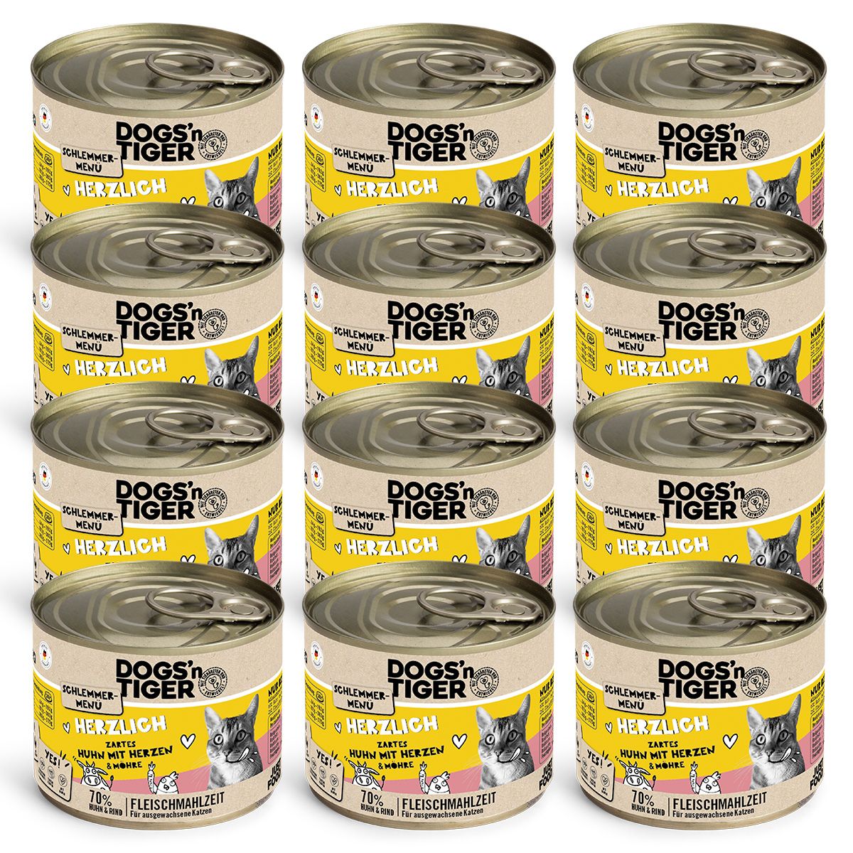 Dogs’n Tiger Adult, Katzenfutter, Herzlich, Nassfutter, Getreidefrei, Huhn, Rinderherzen & Karotte