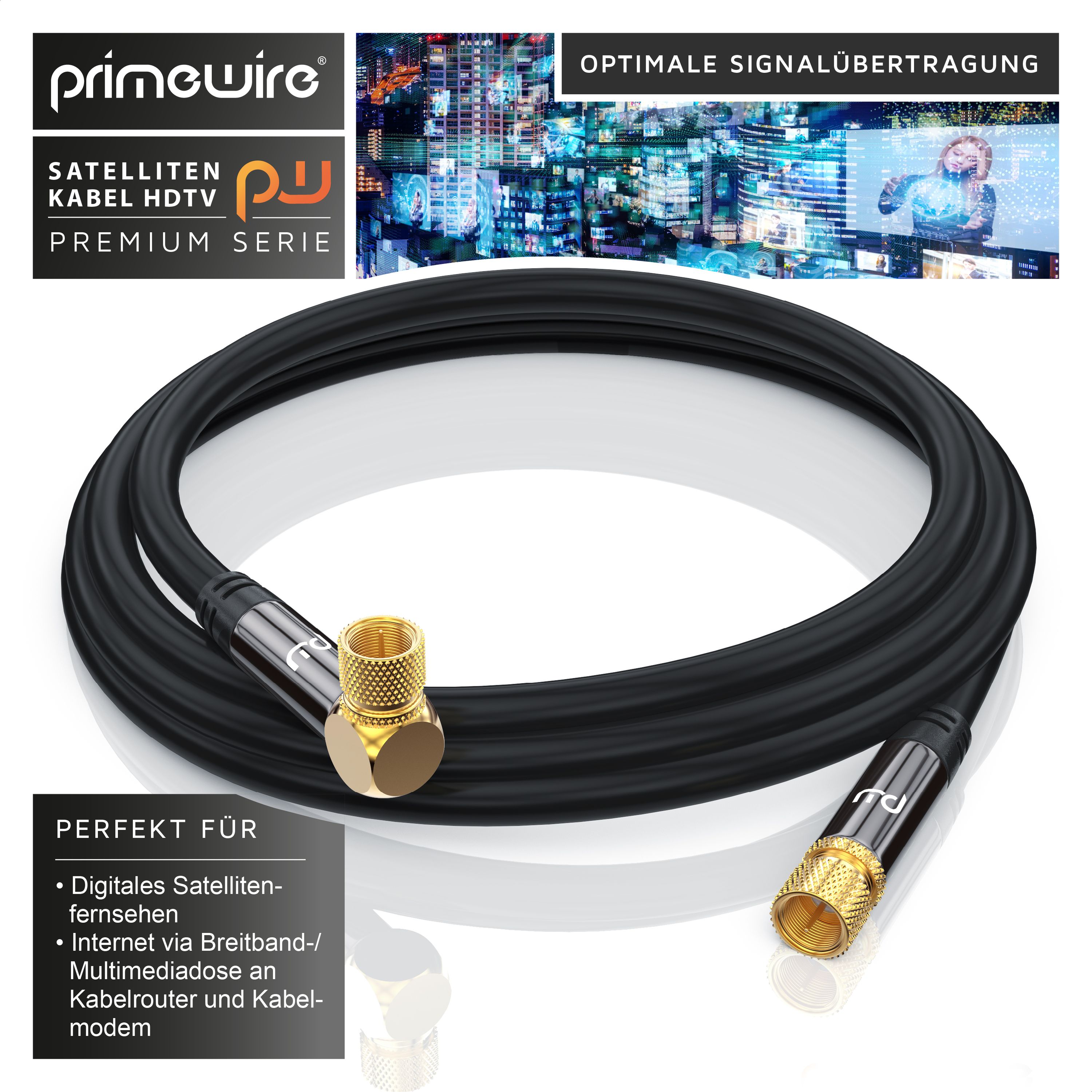 Primewire SAT-Kabel, Koax, F-Stecker, HDTV SAT Koax Kabel 90° gewinkelt, 4fach Schirmung, 135dB, 75Ohm - 7,5m