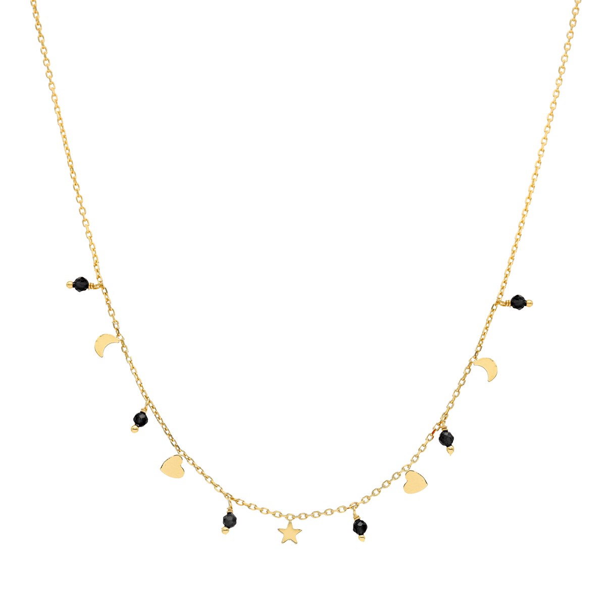 Collier Argent Doré Pampilles De Forme Lune Coeur Et Pierre Spinelle Noir
