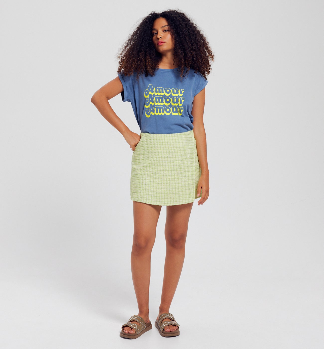 T-shirt délavé à message - Imprimé bleu