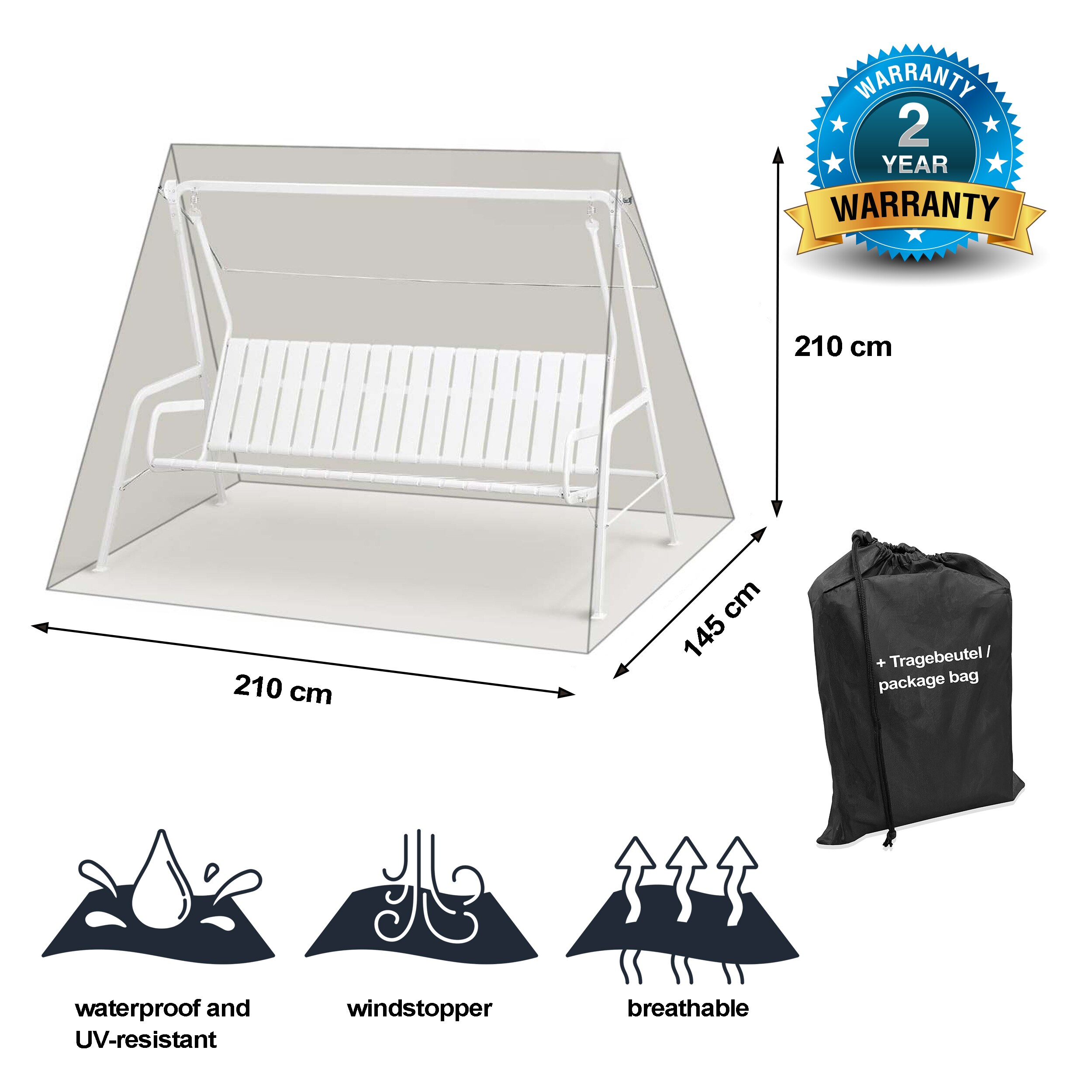 Grasekamp Black Premium Hollywoodschaukelhülle180/210x145x210cm / swing cover /atmungsaktiv / breathable