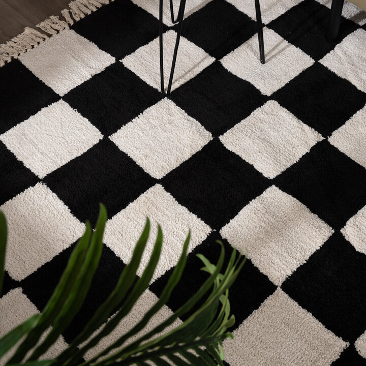 Checkerboard vloerkleed - Blox Fringe Zwart/Wit
