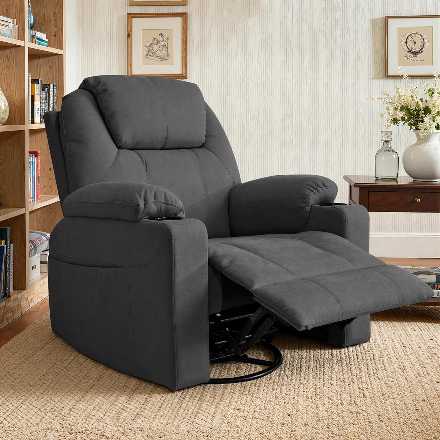 Liegesessel mit 360° Schwenk- und Wippfunktion, Fauteuil TV réglable manuellement, geeignet für Wohnzimmer als Relaxsessel und Kinderbetreuungssessel, Dunkelgrau