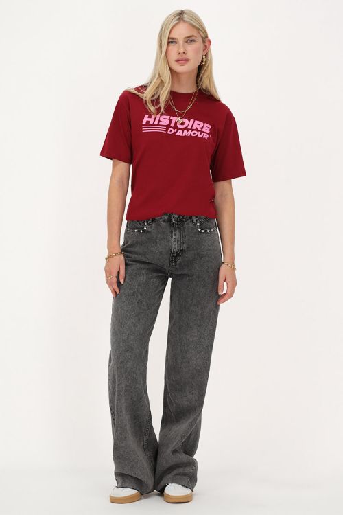 Burgundy T-shirt met roze 