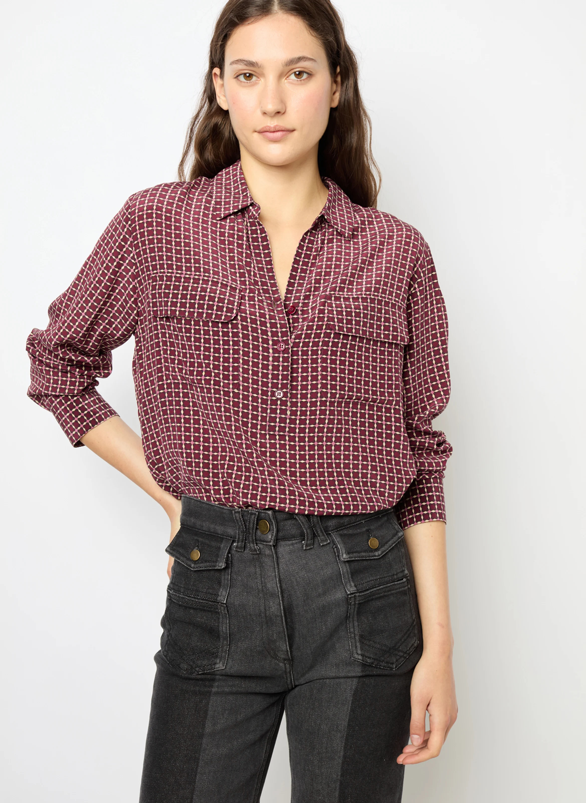 BERNADETTE - Blouse droite col classique en soie imprimée | Rouge