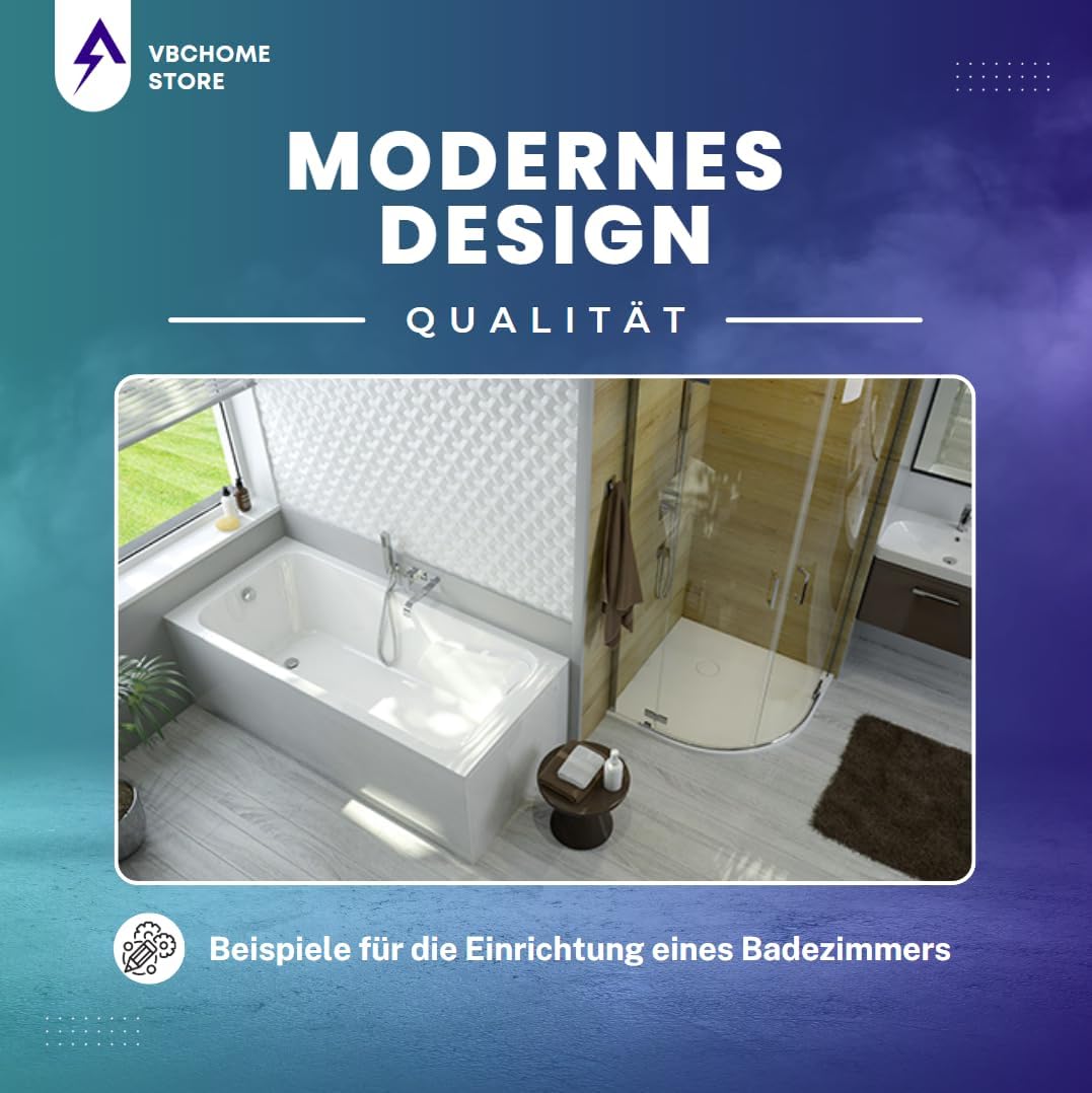 VBChome Badewanne 150x75 cm Acryl SET Schürze Siphon Wanne Rechteck Weiß Design Modern Ablaufgarnitur in Chrom