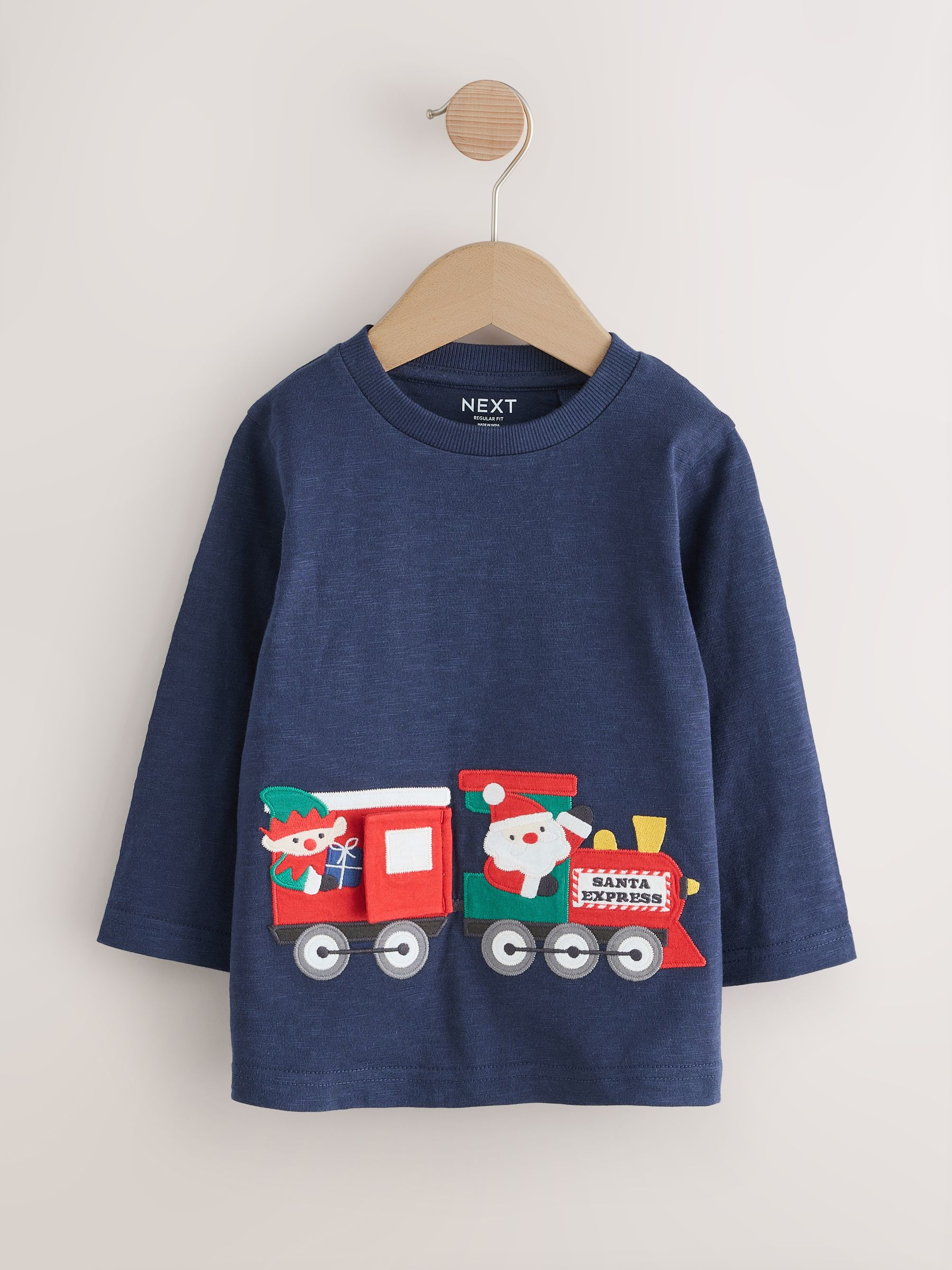 Marineblauwe Santa Trein-applicatie - Kerst-T-shirt met lange mouwen (3mnd -7jr)