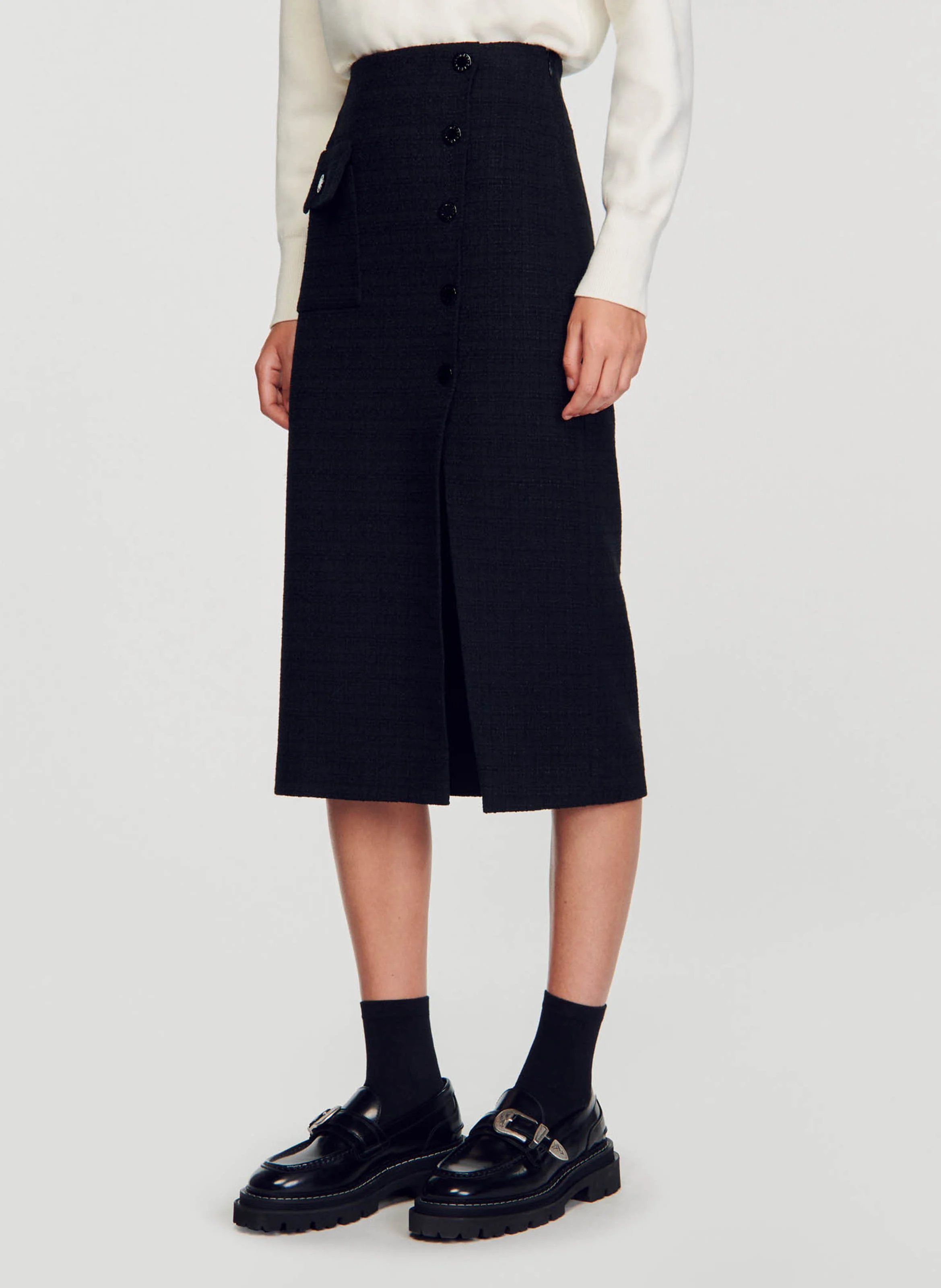 Jupe en tweed mi longue en coton mélangé | Noir