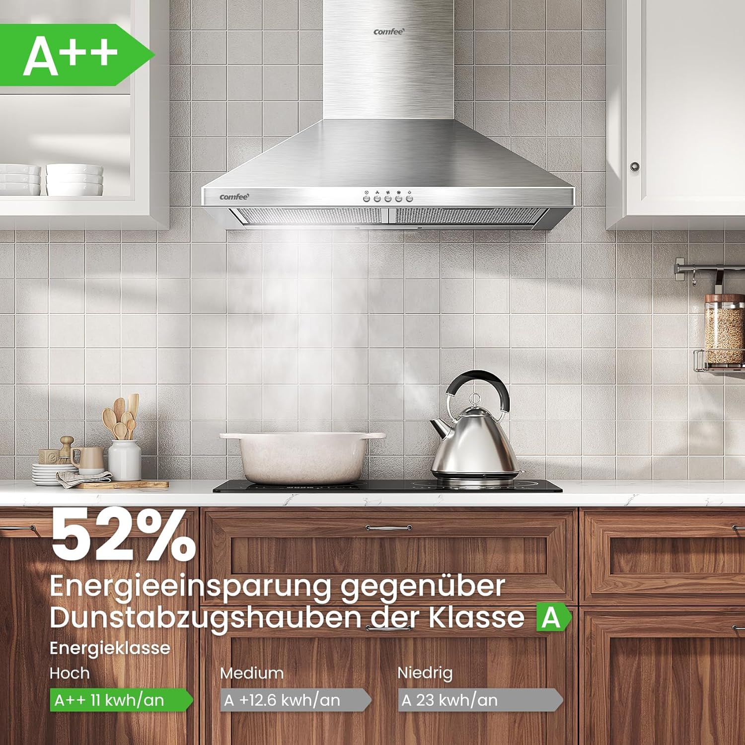 CH60A17EM400SS A++ Dunstabzugshaube 60cm Umluft & Abluft, Wandhaube mit Aktivkohlefilter, 400m³/h Luftstrom, 5 Schichten Waschbarer Fettfilter, Einstellbarer Kamin, Silber