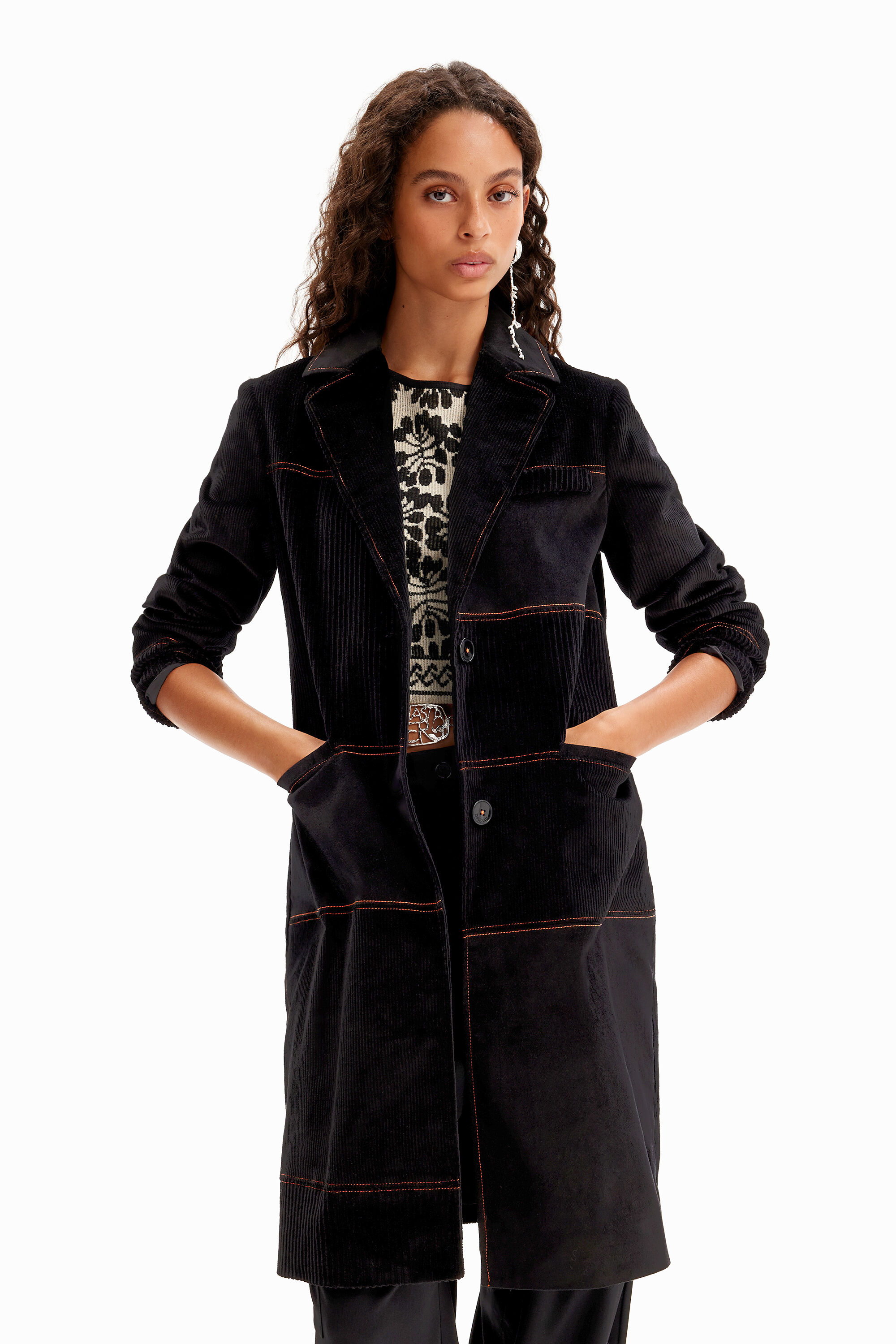 Long manteau patchwork velours côtelé