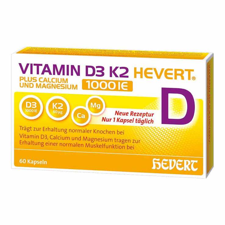 Vitamin D3 K2 Hevert + Calcium und Magnesium 1000 IE Kapseln , 60 St