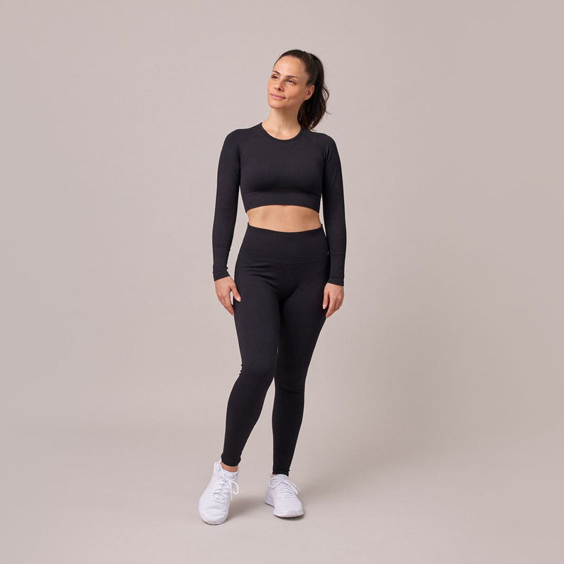 Geripptes Sportshirt langarm Damen aus recyceltem Polyamid Pastellgrün