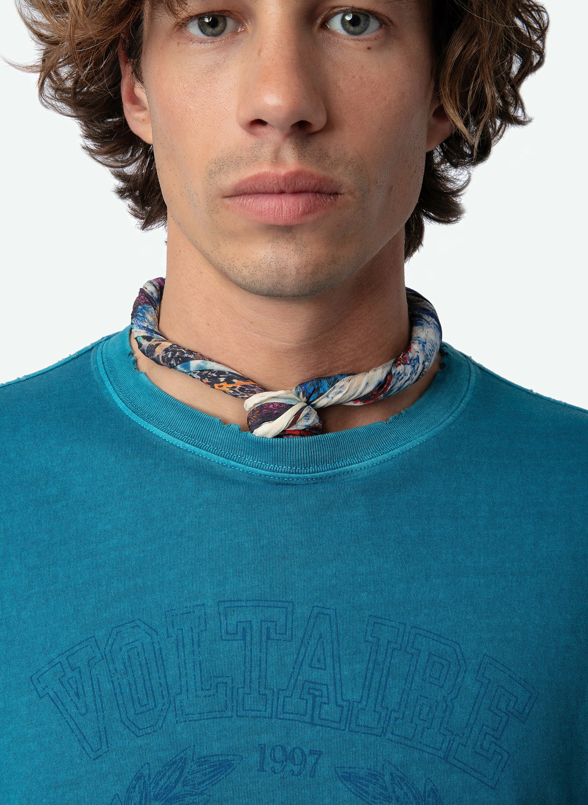 JIMMY - Tee-shirt droit col rond en coton bio sérigraphié | Bleu