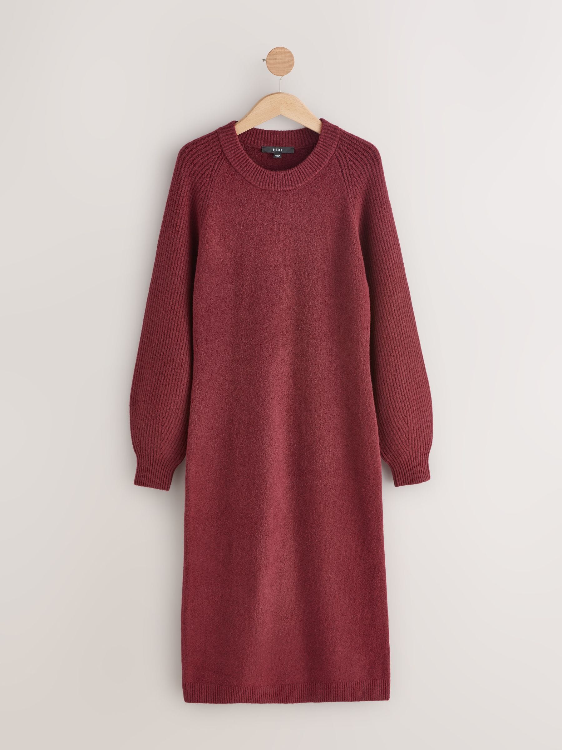 Bordeauxrood - Supersoft Ribbed Sleeve Knitted Midi Jumper Dress