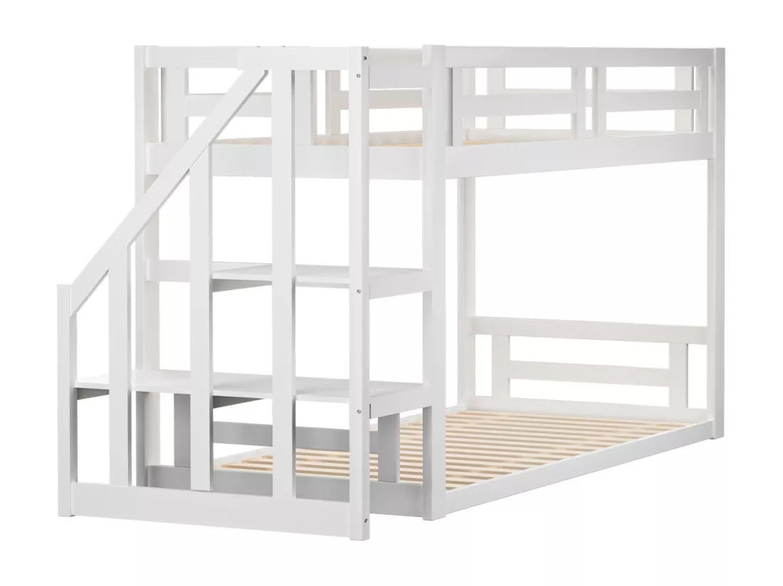 Lit superposé 90x200cm - lit d'enfant avec escalier de sécurité, cadre de lit en bois massif et sommier à lattes - blanc