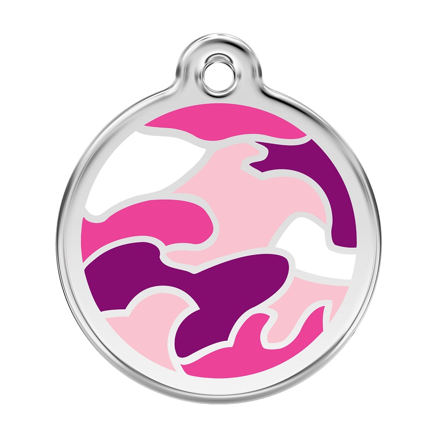 Placa de identificação para cães em aço inoxidável esmaltado com estampa camuflada rosa.