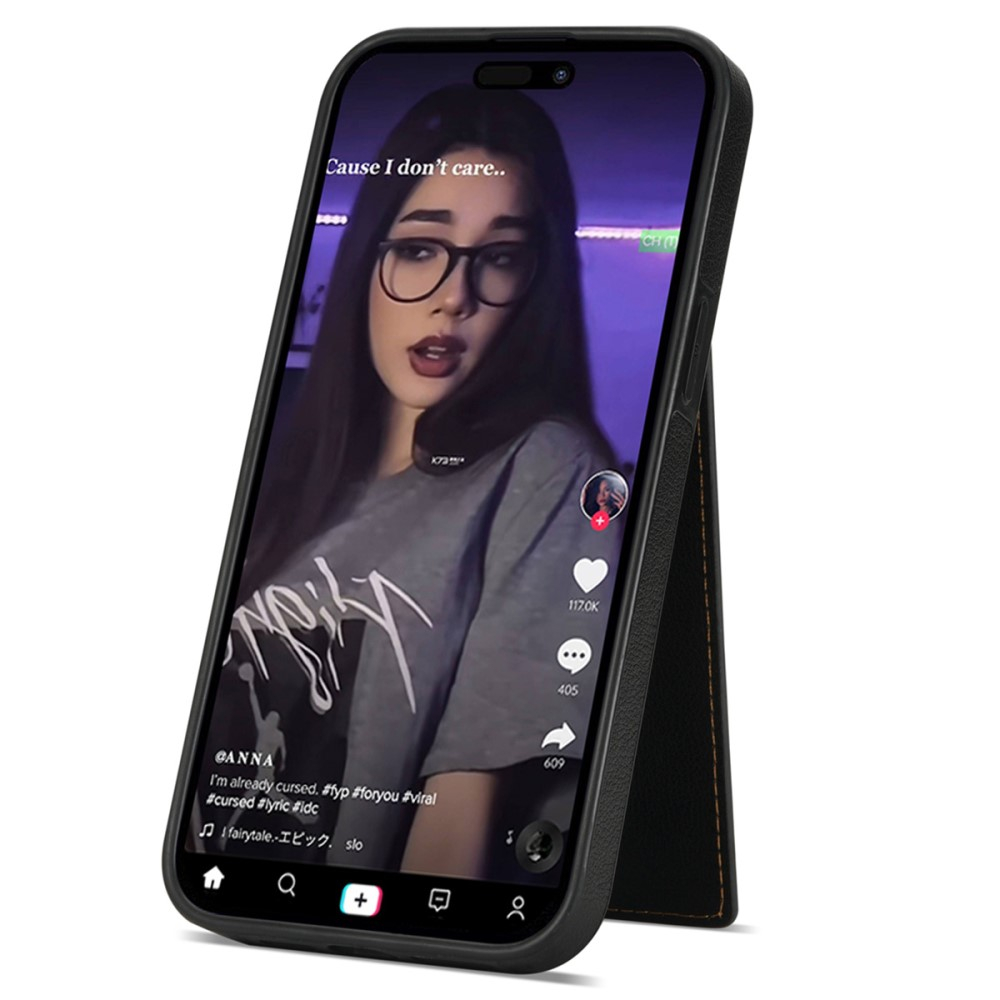 iPhone 14 Hybrid Leder Hardcase Hülle mit Kartenfächer mit Aufsteller (RFID Schutz) - Schwarz