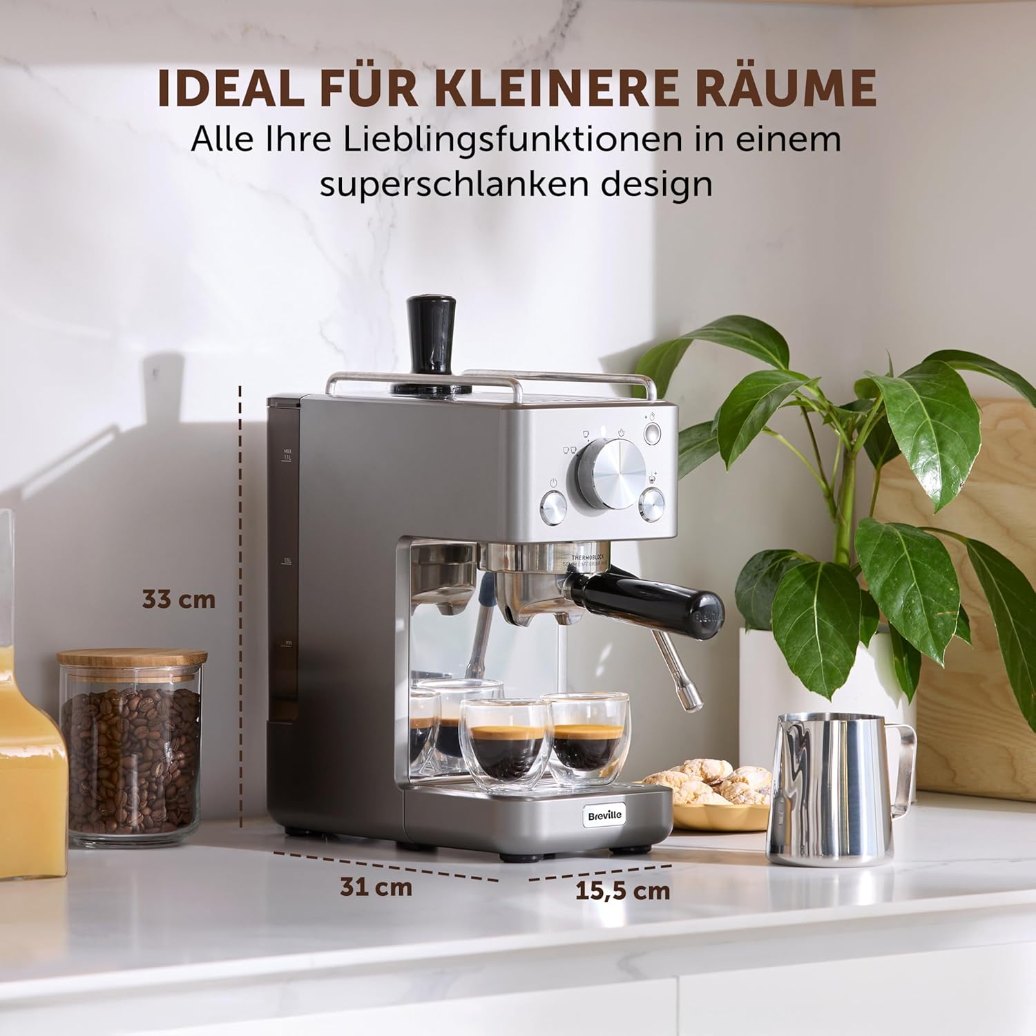 Breville Barista-Espressomaschine „Slimline | integrierter Milchaufschäumer | kompakte Kaffeemaschine für Cappuccinos, Lattes und mehr | 15-bar-Pumpe | Silber [VCF185X]
