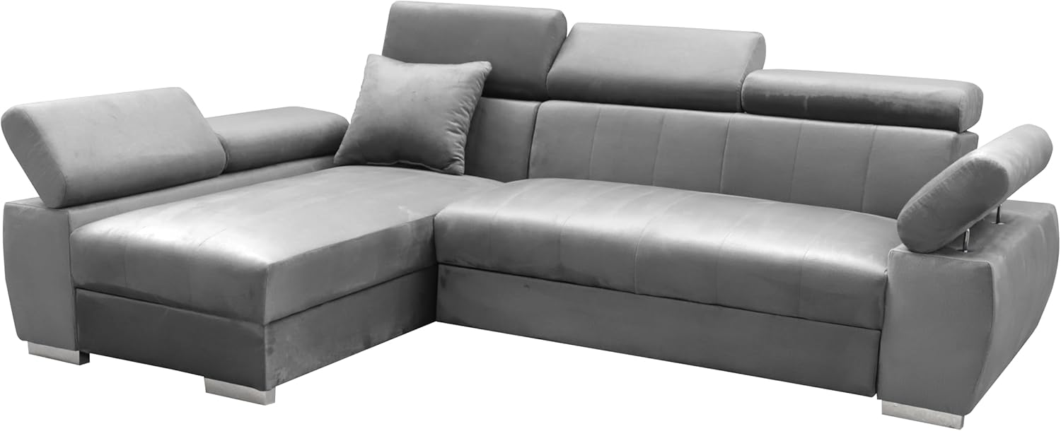Ecksofa OTTO, Eckcouch mit Schlaffunktion, Federkern, Verstellbare Kopfstützen, Einfacher Klappmechanismus, Bettfunktion, Zusätzlicher Stauraum, Plüsch Grau, Links