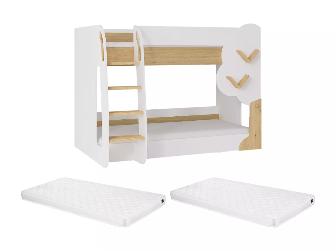 Lits superposés 2 x 90 x 190 cm - Blanc et Naturel + Matelas - PILATI