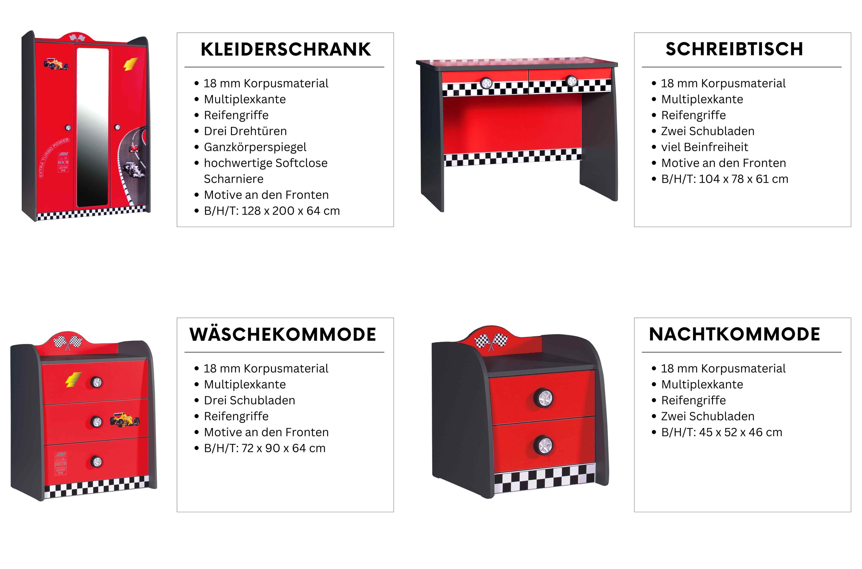 Kinderzimmer komplett Set Autobett Rio 5 teilig Rot