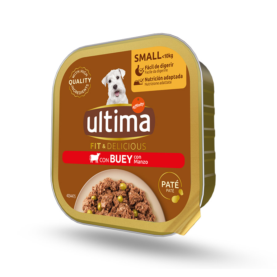 Pote de 150g de ração Affinity Ultima Adult Mini sabor carne bovina para cães.