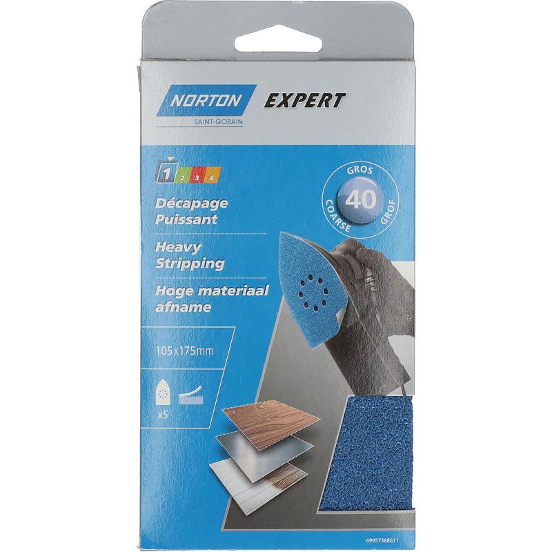 Patin auto-agrippant Norton multi-usages 105 x 175 mm - Grain 40 - Lot de 5