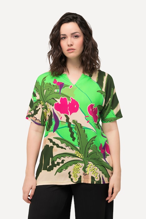 T-Shirt, Palmen, Oversized, Tunika-Ausschnitt, Halbarm