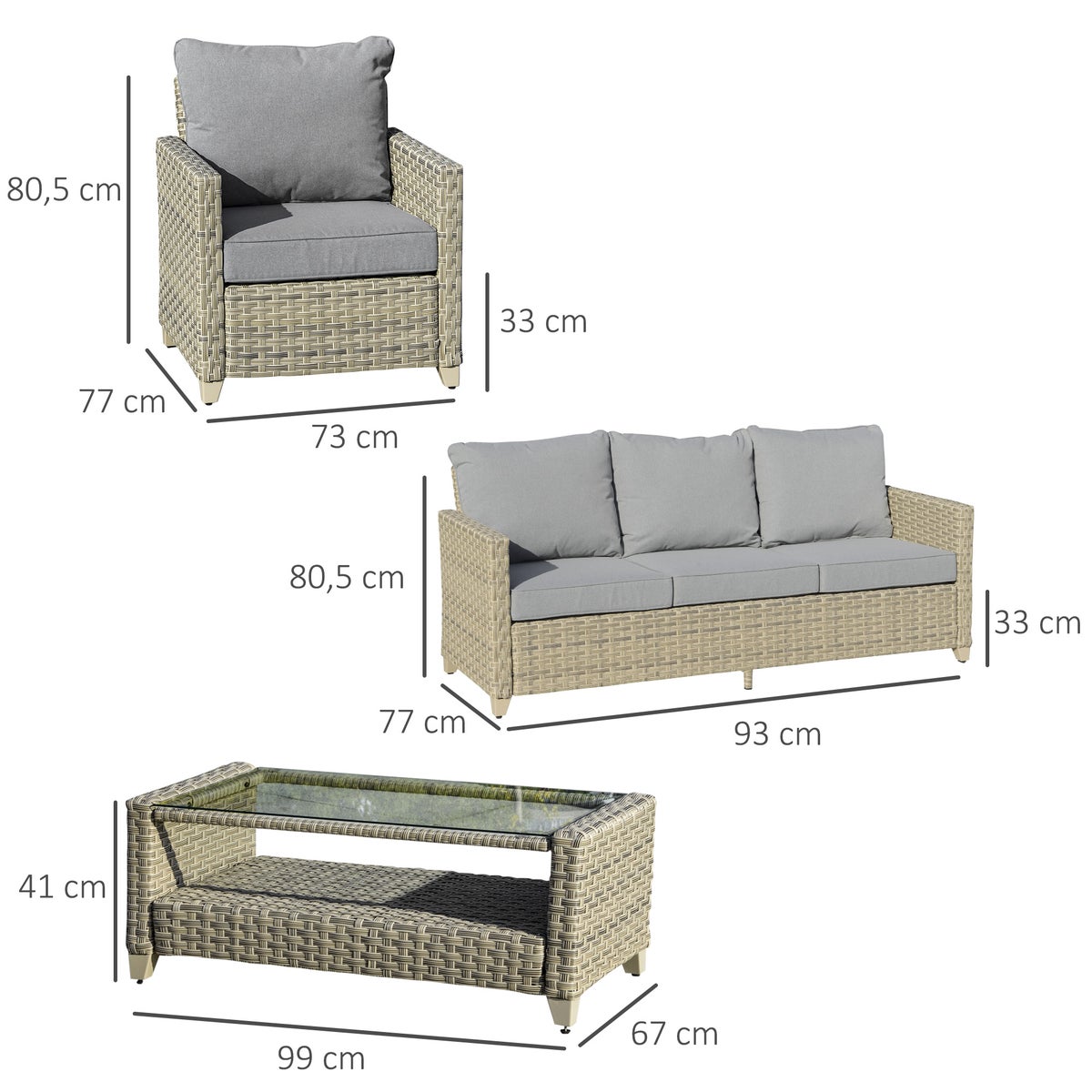 Outsunny 4-delige tuinmeubelset, 193L x 77B x 80,5H cm, aluminium, PE-rotan, polyester, veelkleurig