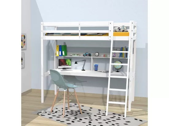 Lit mezzanine STUDIO 90x190 + 1 sommier + bureau + étagère / Blanc
