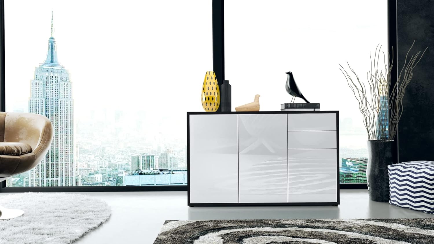 Vladon Sideboard Ben V3, Kommode mit 3 Türen und 2 Schubladen, Schwarz matt/Weiß Hochglanz (117 x 74 x 36 cm)