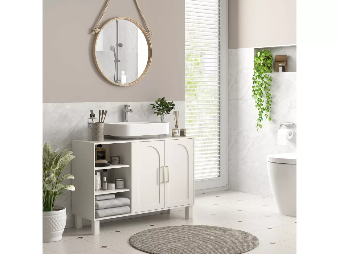 Meuble sous vasque - 2 portes, étagère, 3 niches - MDF crème