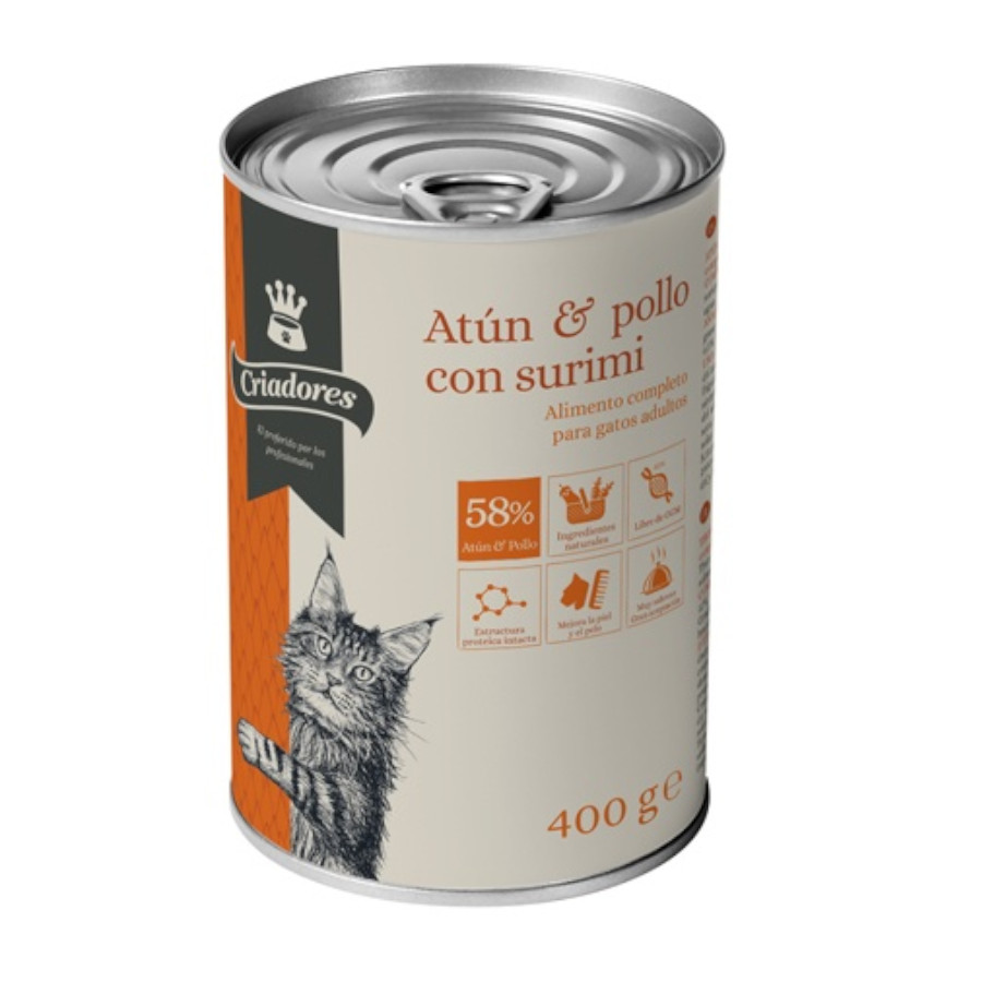 Ração enlatada de atum e frango para gatos adultos reprodutores.