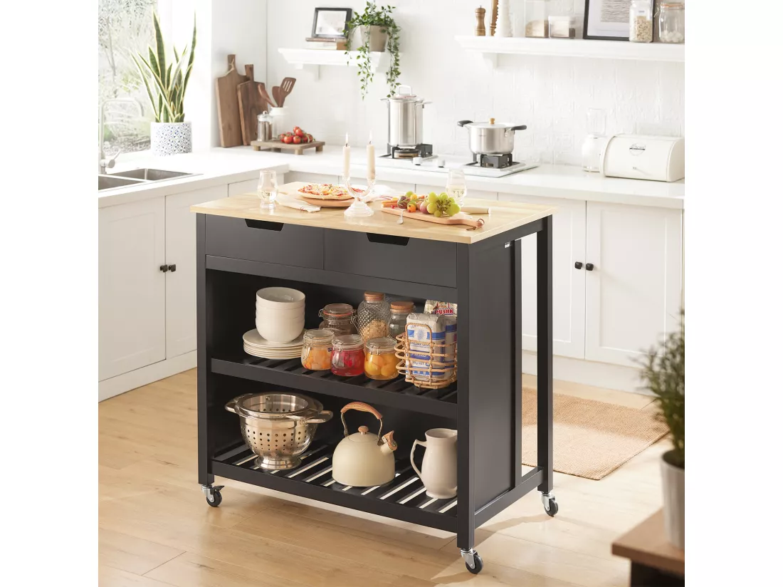 Cuisine Buffet Desserte de Cuisine Table Roulante avec 2 tiroirs et 2 étagères, FKW74-SCH