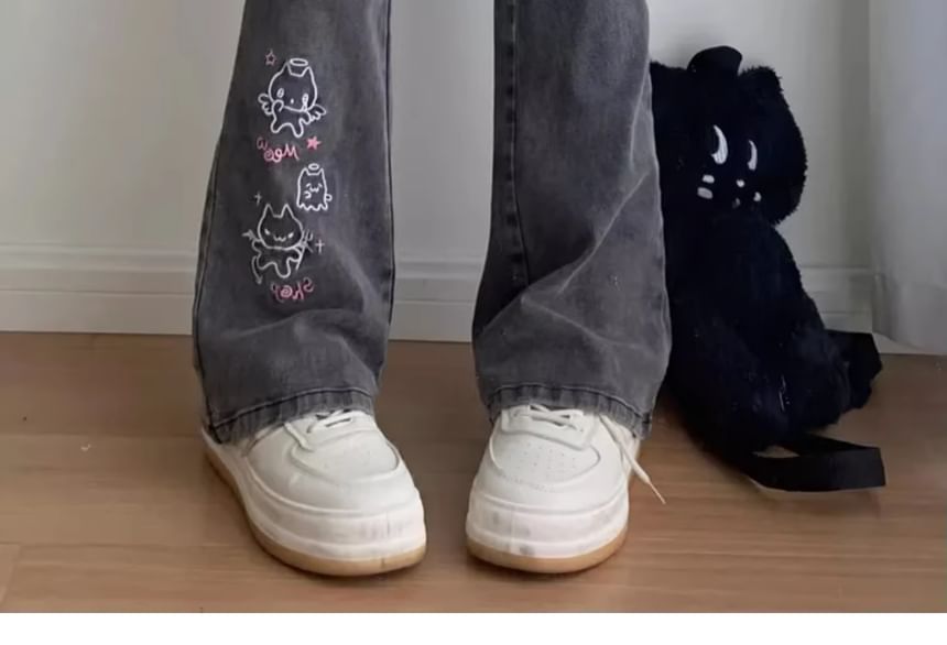 Litoya - Hoge taille gewassen cartoon geborduurde bootcut jeans