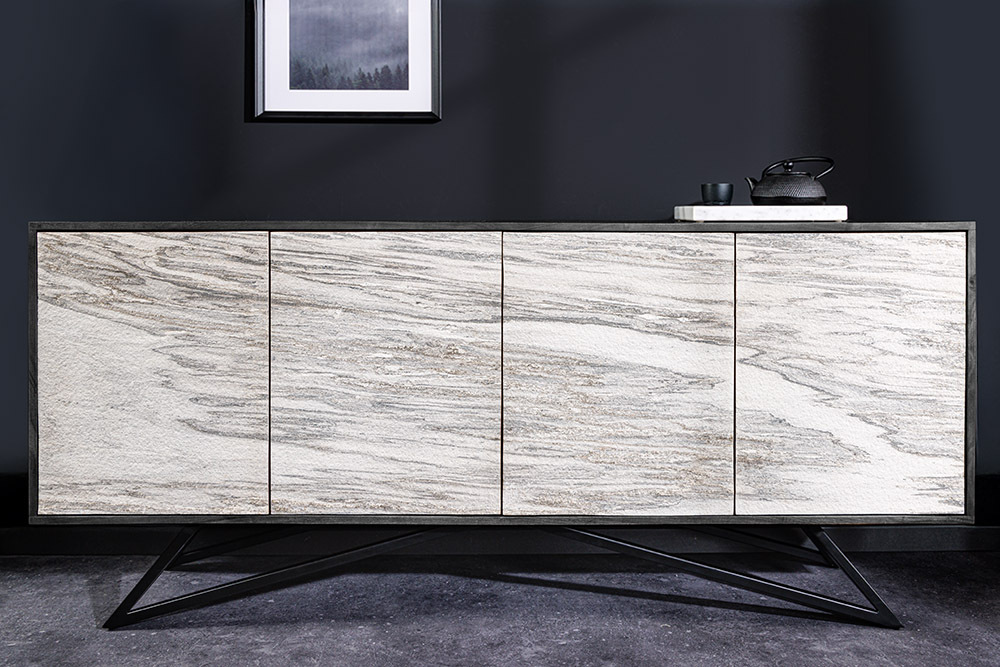 Massivholz Sideboard MOUNTAIN SOUL 175cm weiß schwarz Akazie echter Naturstein