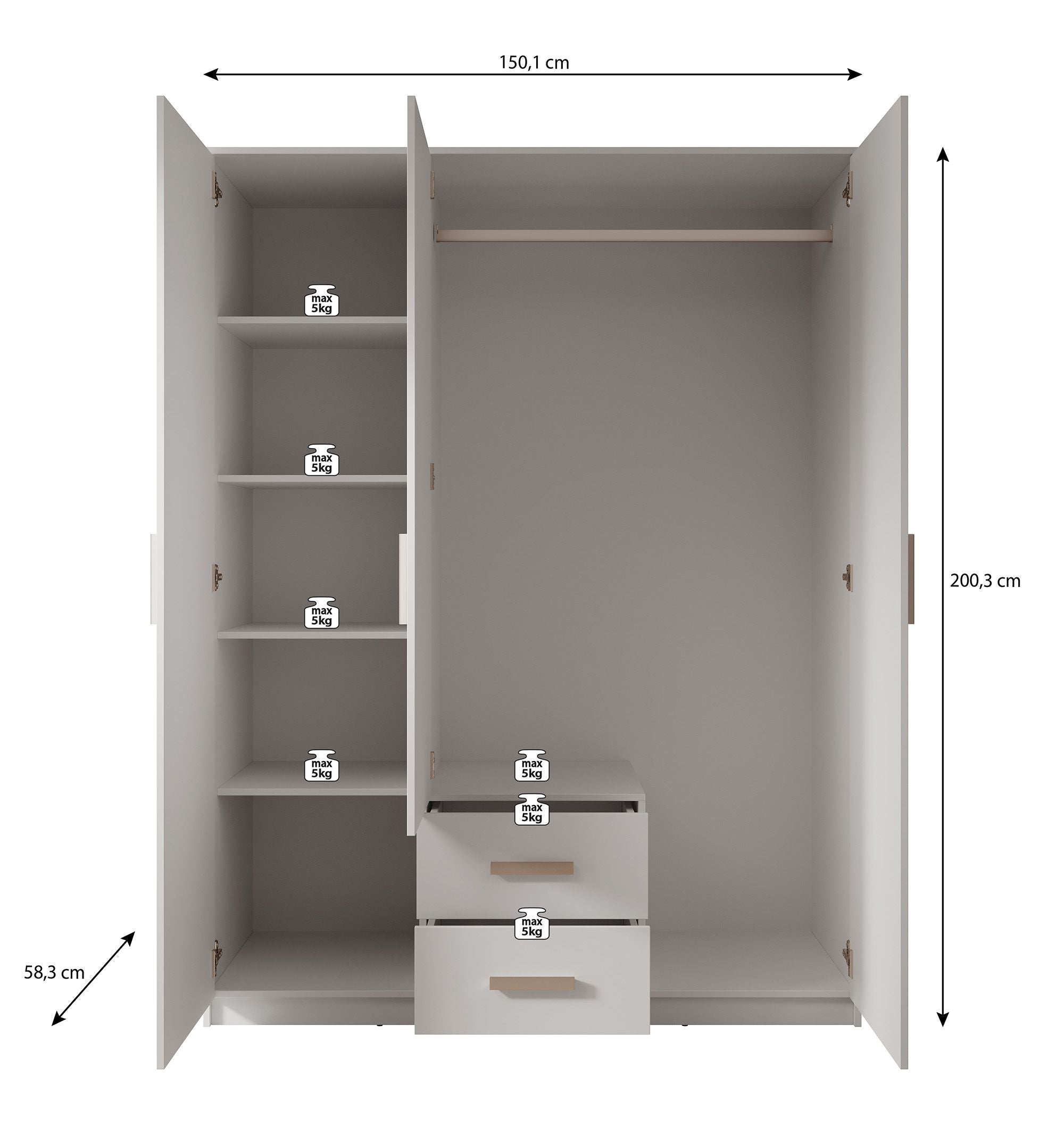 Tyko - Kledingkast 3-deurs - Licht eiken - 150x58x200 cm