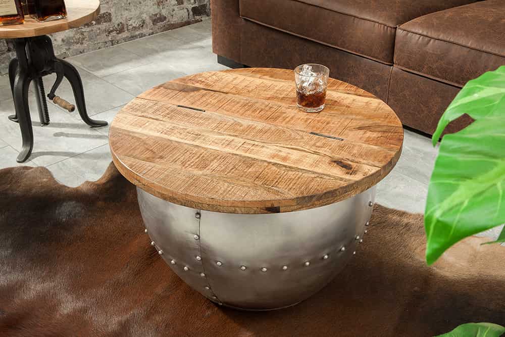 Runder Couchtisch DRUMP STORAGE 70cm natur silber Mangoholz mit Stauraum handmade Industrial