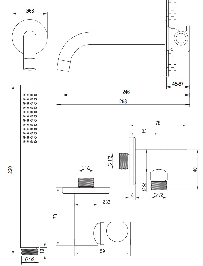 Brauer Copper Carving thermostatische inbouw badkraan met uitloop en staafhanddouche set 3 koper geborsteld PVD