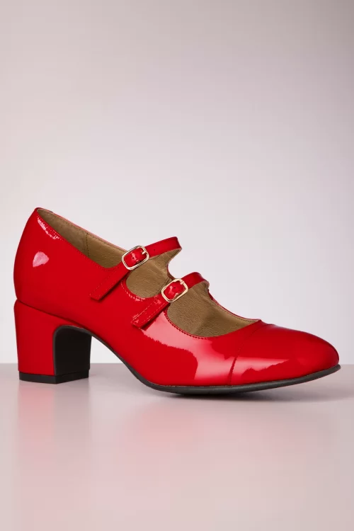 La Veintinueve Marcela lederen blokhak pumps in lak rood