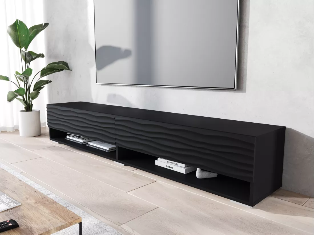 Meuble TV - 180 cm - noir graphite/noir avec façade à motif ondulé - sans LED - WANDER